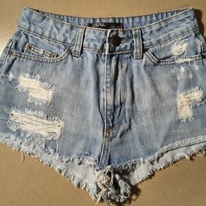 BDG Women's Distressed High Rise Cheeky Light Blue Denim Shorts